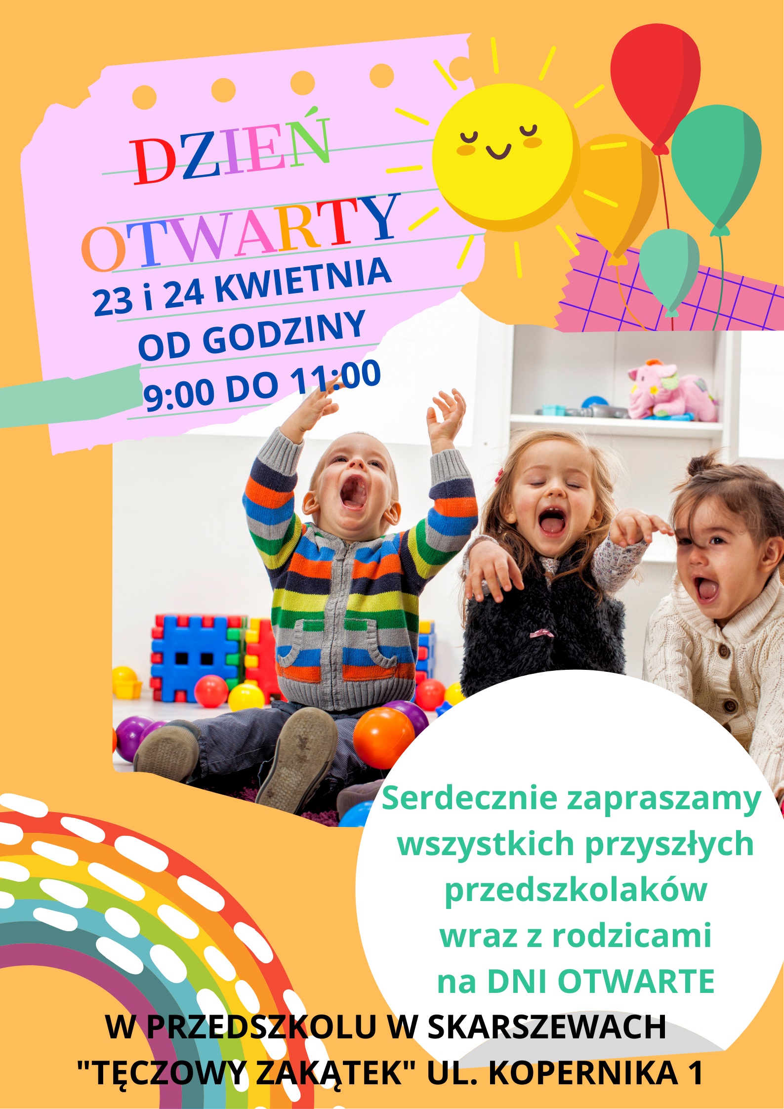 bawiące się dzieci słoneczko i balonik, dni otwarte 23 i 24 kwietnia od godziny 9.00 do 11.00